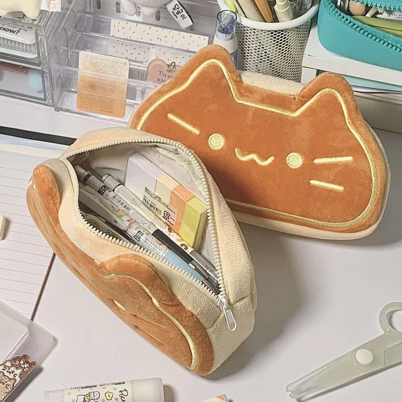 Cute Cat Caramel Bread Plush Pencil Bag Kawaii Student Large Capacity Stationery Bag Kitten Pencil Pouch Back To School Supplies