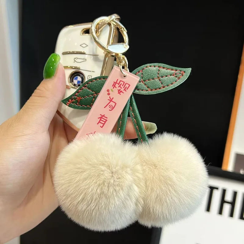 Fluffy Faux Rabbit Fur Cherry Keychain Cute Plush Pom Pom Key Ring for Backpack Purse Kawaii Soft Fruit Hangings for Women Girls