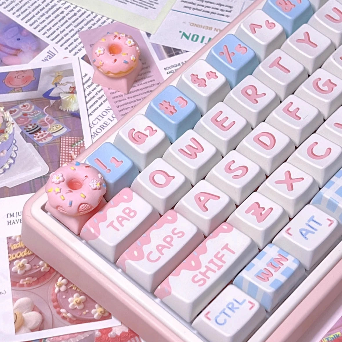 Pink Bow Keycaps Personalized Food Donut Keycaps Cross Shaft Mechanical Keyboard Diy Game Girls Cute Pink Girly Heart Keycaps
