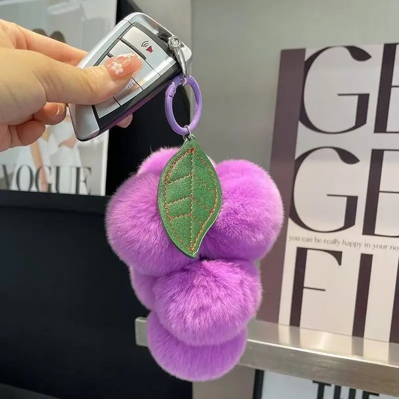 Fluffy Faux Rabbit Fur Cherry Keychain Cute Plush Pom Pom Key Ring for Backpack Purse Kawaii Soft Fruit Hangings for Women Girls