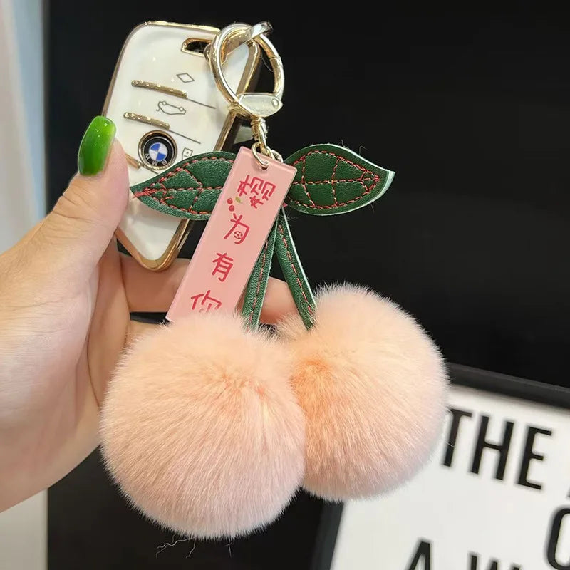 Fluffy Faux Rabbit Fur Cherry Keychain Cute Plush Pom Pom Key Ring for Backpack Purse Kawaii Soft Fruit Hangings for Women Girls