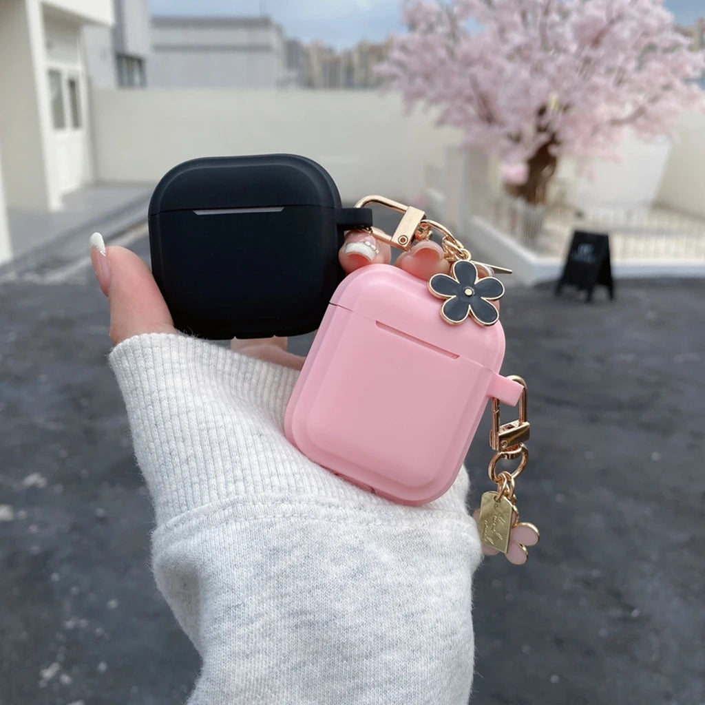 Simple Solid Color Black Pink Silicone Flower Pendant Case Cover for AirPods 1 or 2 3 4 AirPods Pro Pro 2