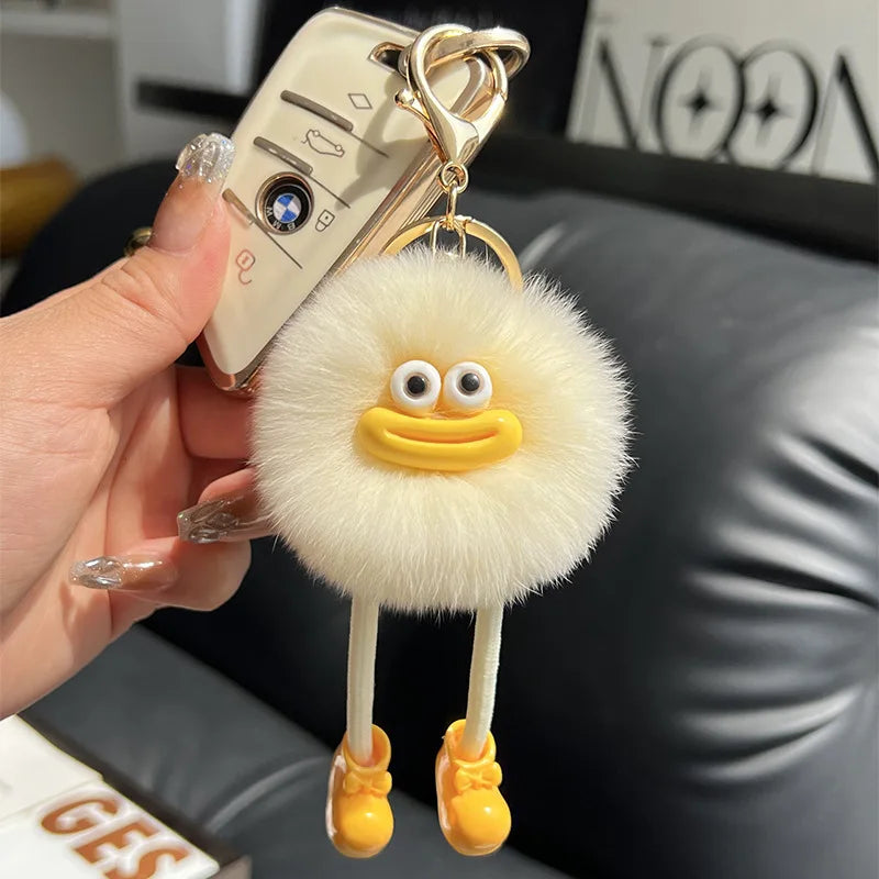 Fluffy Briquette with Shoes Keychain Cute Sausage Mouth Metal Clip Keyring Hanging Backpack Charm for Women & Girls Unique Gift