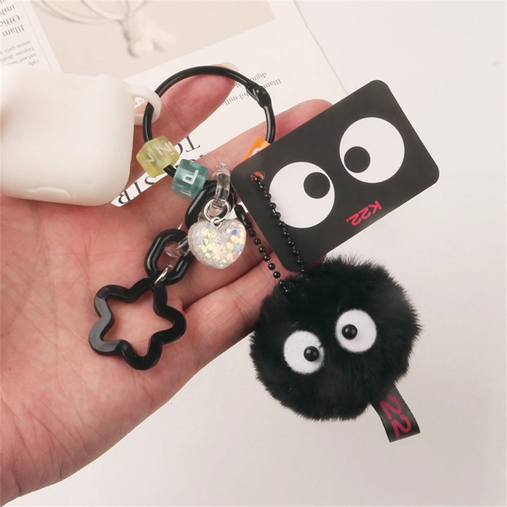 Cute Plush Coal Keychain Cartoon Spirit Doll Pendant Keyring for Earphone Case Charm Women Bag Ornaments Car Key Accessories