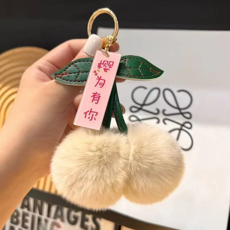 Fluffy Faux Rabbit Fur Cherry Keychain Cute Plush Pom Pom Key Ring for Backpack Purse Kawaii Soft Fruit Hangings for Women Girls