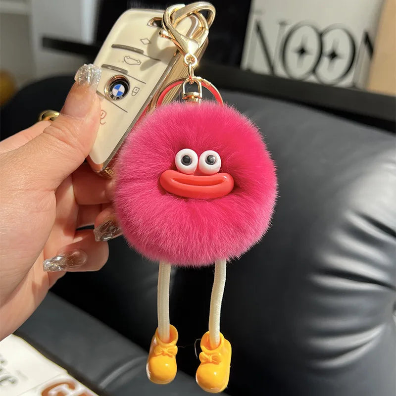 Fluffy Briquette with Shoes Keychain Cute Sausage Mouth Metal Clip Keyring Hanging Backpack Charm for Women & Girls Unique Gift