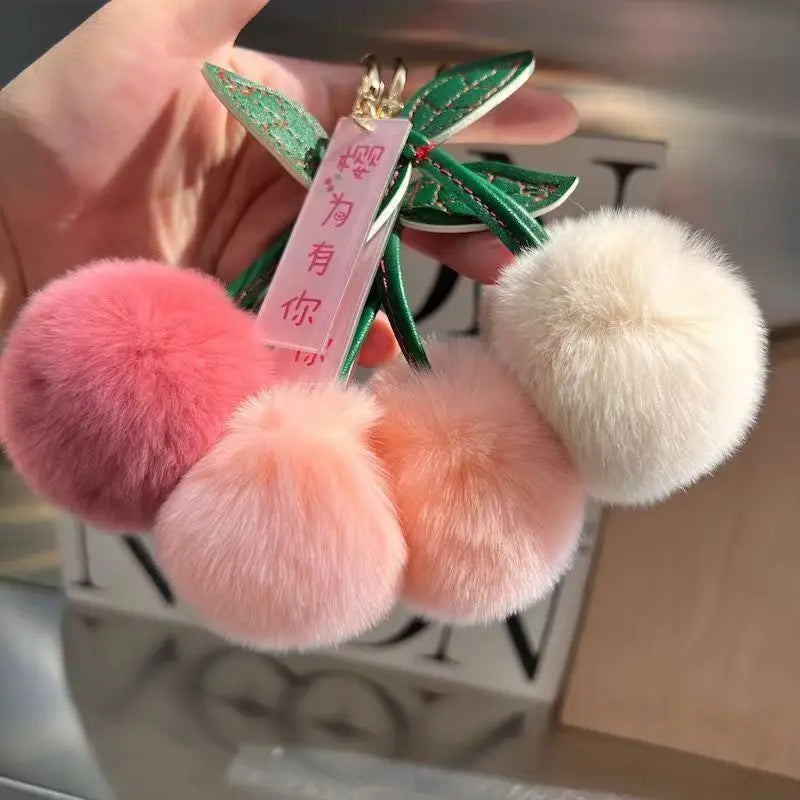 Fluffy Faux Rabbit Fur Cherry Keychain Cute Plush Pom Pom Key Ring for Backpack Purse Kawaii Soft Fruit Hangings for Women Girls