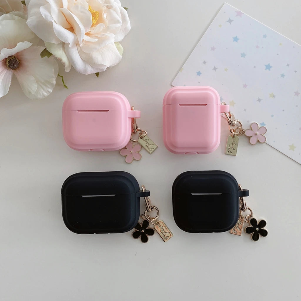 Simple Solid Color Black Pink Silicone Flower Pendant Case Cover for AirPods 1 or 2 3 4 AirPods Pro Pro 2