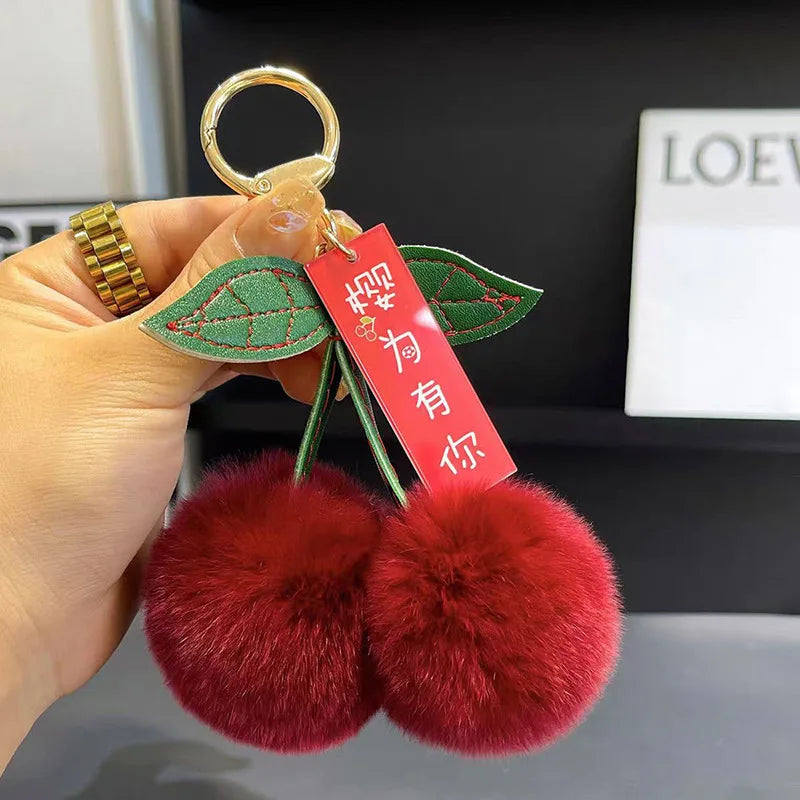 Fluffy Faux Rabbit Fur Cherry Keychain Cute Plush Pom Pom Key Ring for Backpack Purse Kawaii Soft Fruit Hangings for Women Girls