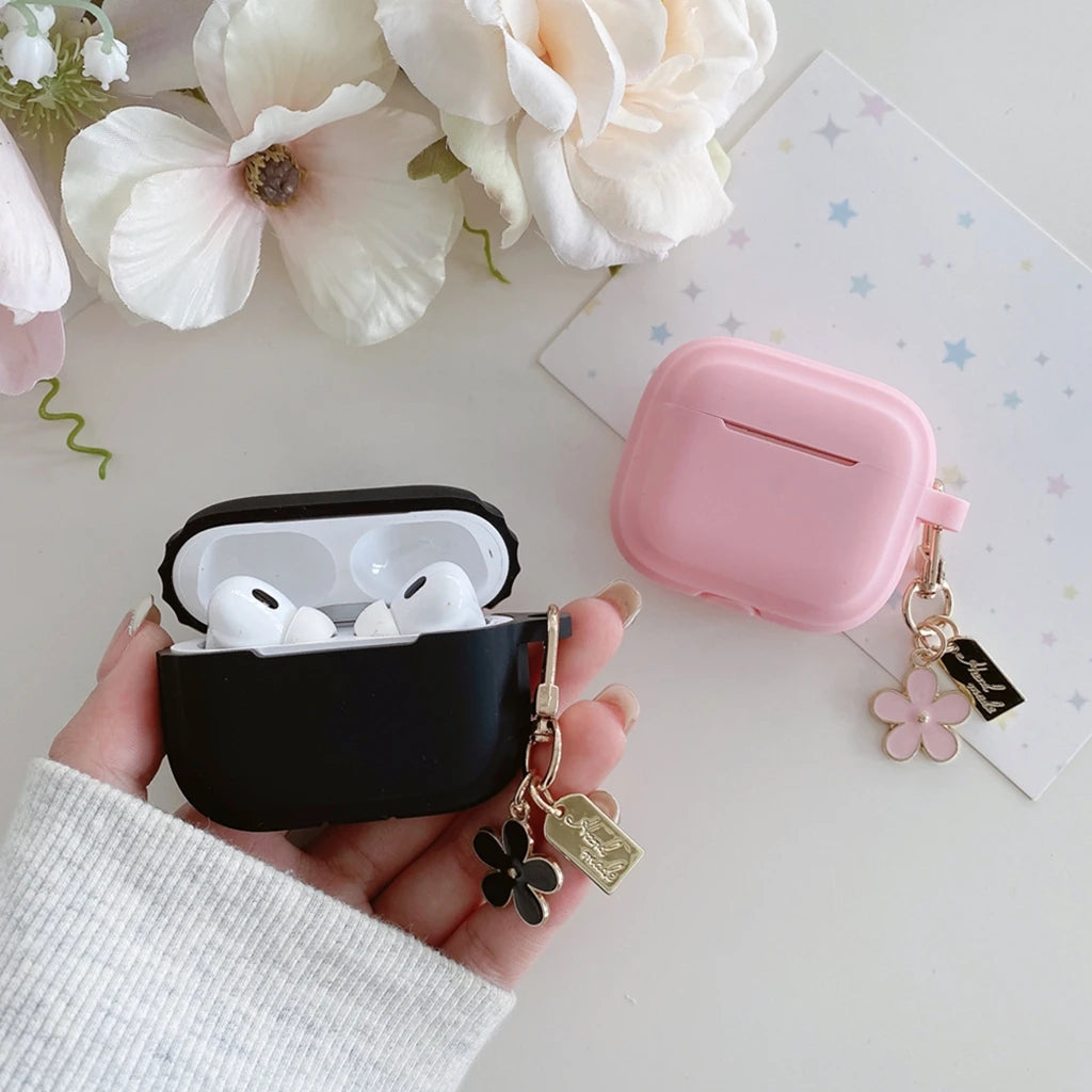 Simple Solid Color Black Pink Silicone Flower Pendant Case Cover for AirPods 1 or 2 3 4 AirPods Pro Pro 2