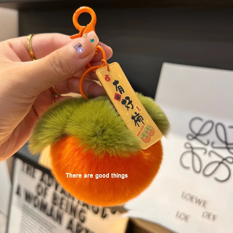 YIZIZAI Cute Fruit Peach Persimmon Lucky Keychain Fashion Fluffy Plush Pendant Couple Key Ring on Bag Car Key Gift