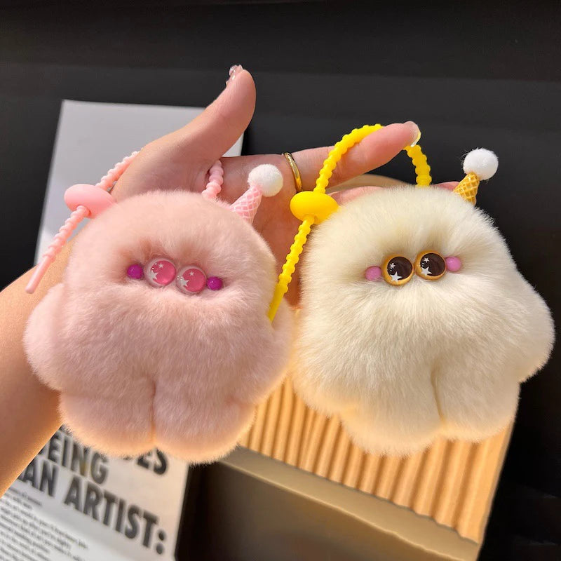 YIZIZAI Imitation Otter Rabbit Fur Ice Cream with Star Eyes Keychain Cute Pendant Hangings Key Ring On Bag Car Key