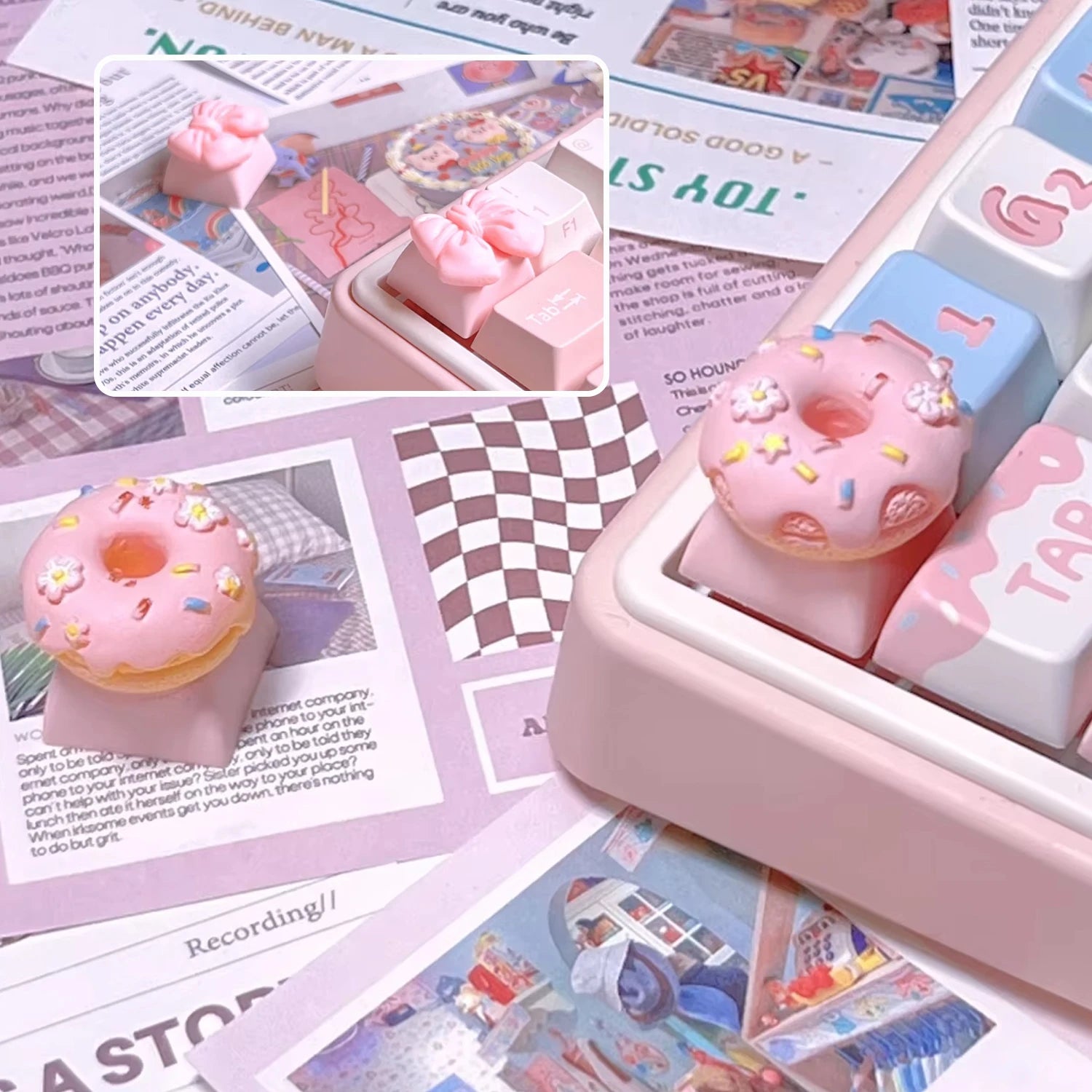 Pink Bow Keycaps Personalized Food Donut Keycaps Cross Shaft Mechanical Keyboard Diy Game Girls Cute Pink Girly Heart Keycaps