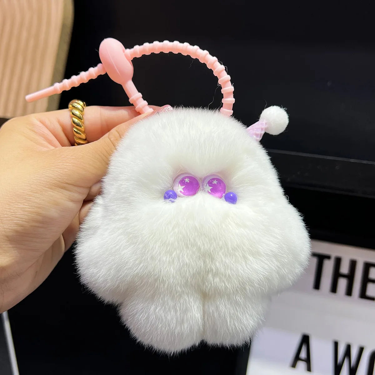 YIZIZAI Imitation Otter Rabbit Fur Ice Cream with Star Eyes Keychain Cute Pendant Hangings Key Ring On Bag Car Key