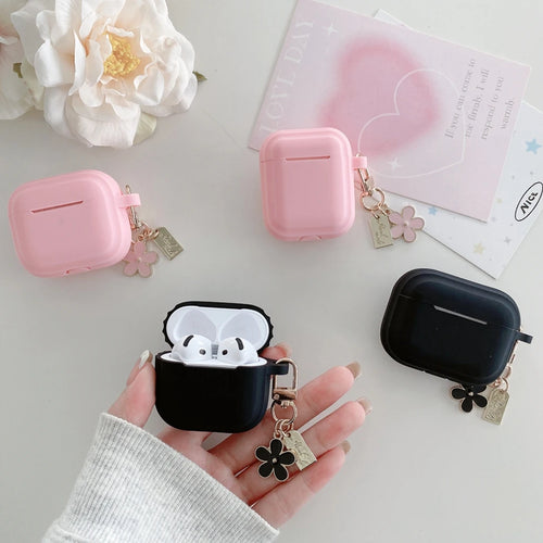 Simple Solid Color Black Pink Silicone Flower Pendant Case Cover for AirPods 1 or 2 3 4 AirPods Pro Pro 2