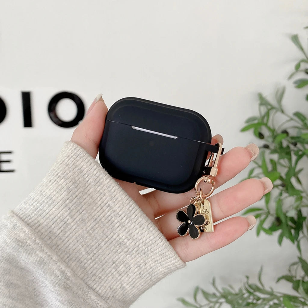 Simple Solid Color Black Pink Silicone Flower Pendant Case Cover for AirPods 1 or 2 3 4 AirPods Pro Pro 2