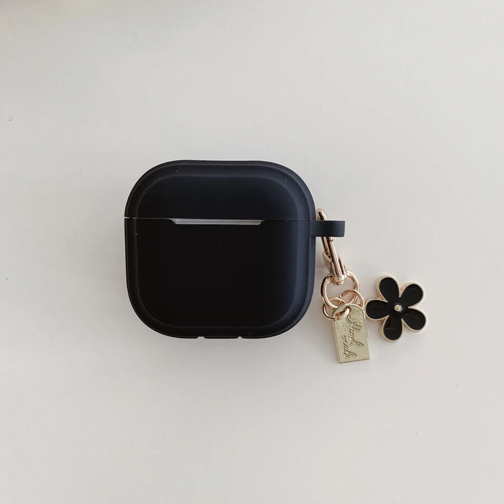 Simple Solid Color Black Pink Silicone Flower Pendant Case Cover for AirPods 1 or 2 3 4 AirPods Pro Pro 2